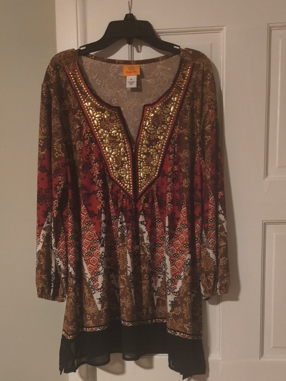 Ruby Rd. Brown & Red Embellished V-Neck Boho Tunic